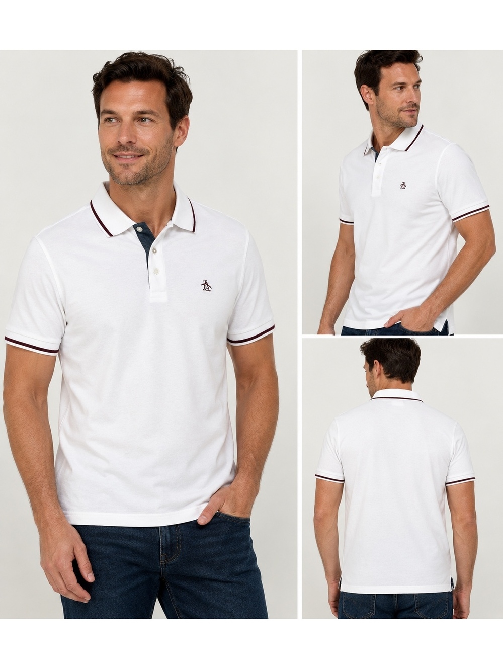 Original Penguin Heritage Slim Fit Men’s XL White Polo Shirt Burgundy Trim Logo